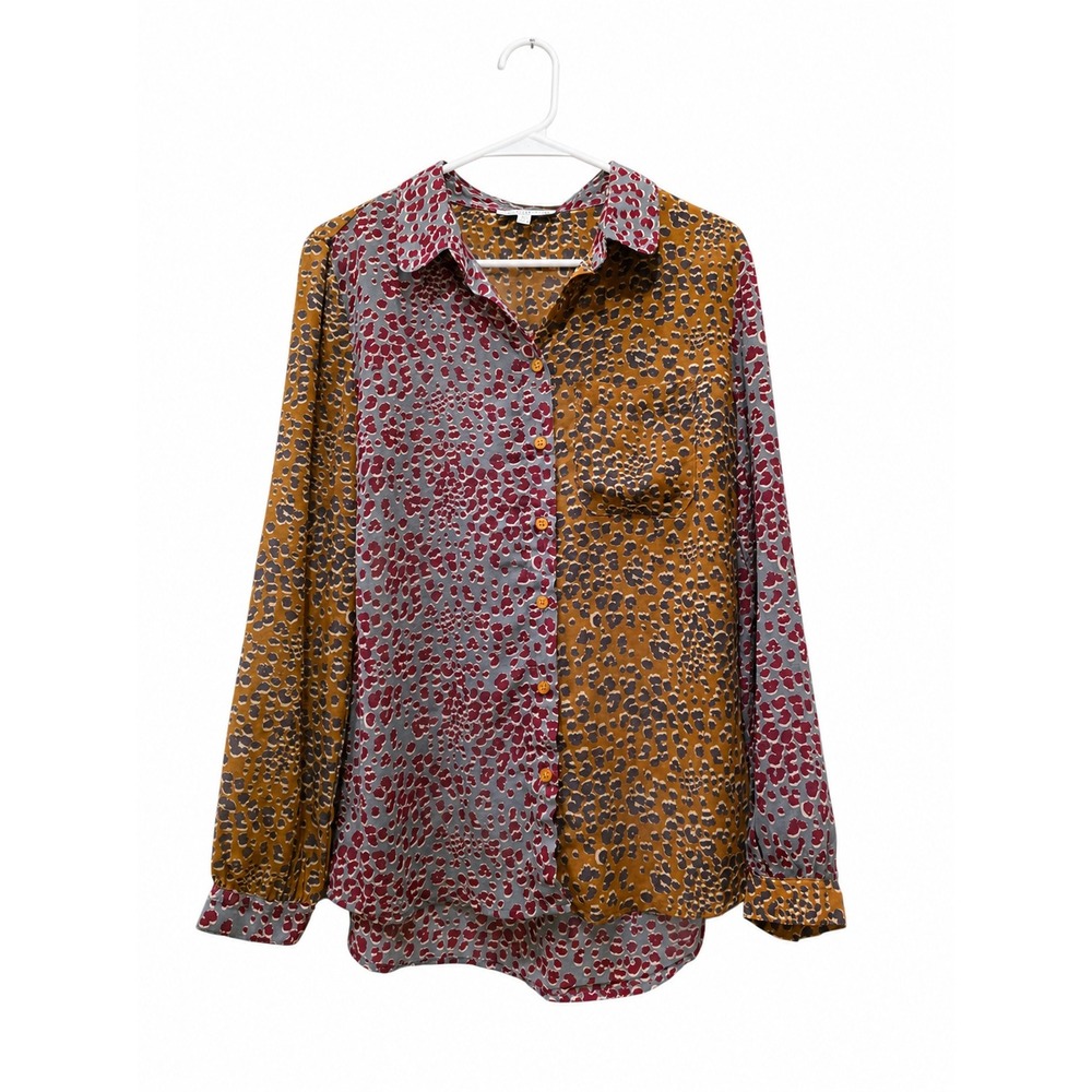 See And Be Seen Animal Print Button Up Blouse Size Small Colorblock Long Sleeve